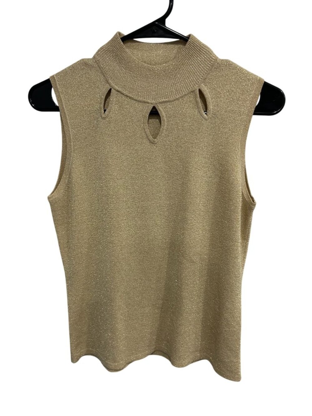 Womens Gold Sleeveless Mock Neck Top Cut Out Design Glam Retro